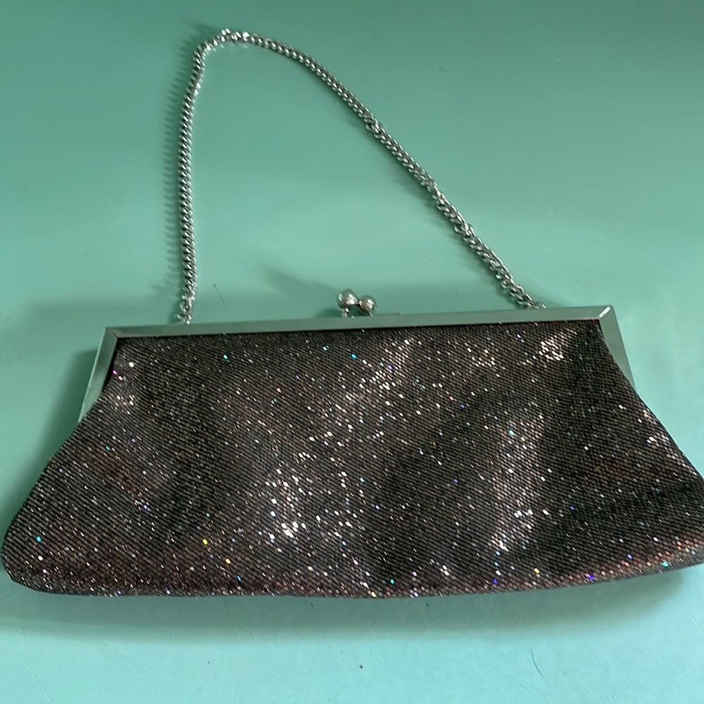 Cookie Lee Brown Glittered Clutch with Silver Frame and Silver Chain